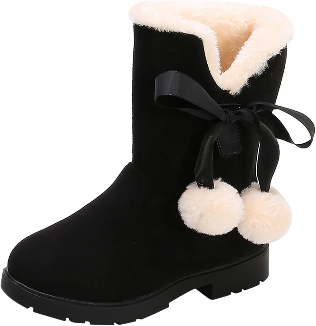 Girls Winter Warm Boots Fuzzy Fleece Lined Snow Boots Mid Calf Booties Furry Faux Fur Lining Shoes Little/Big Kids