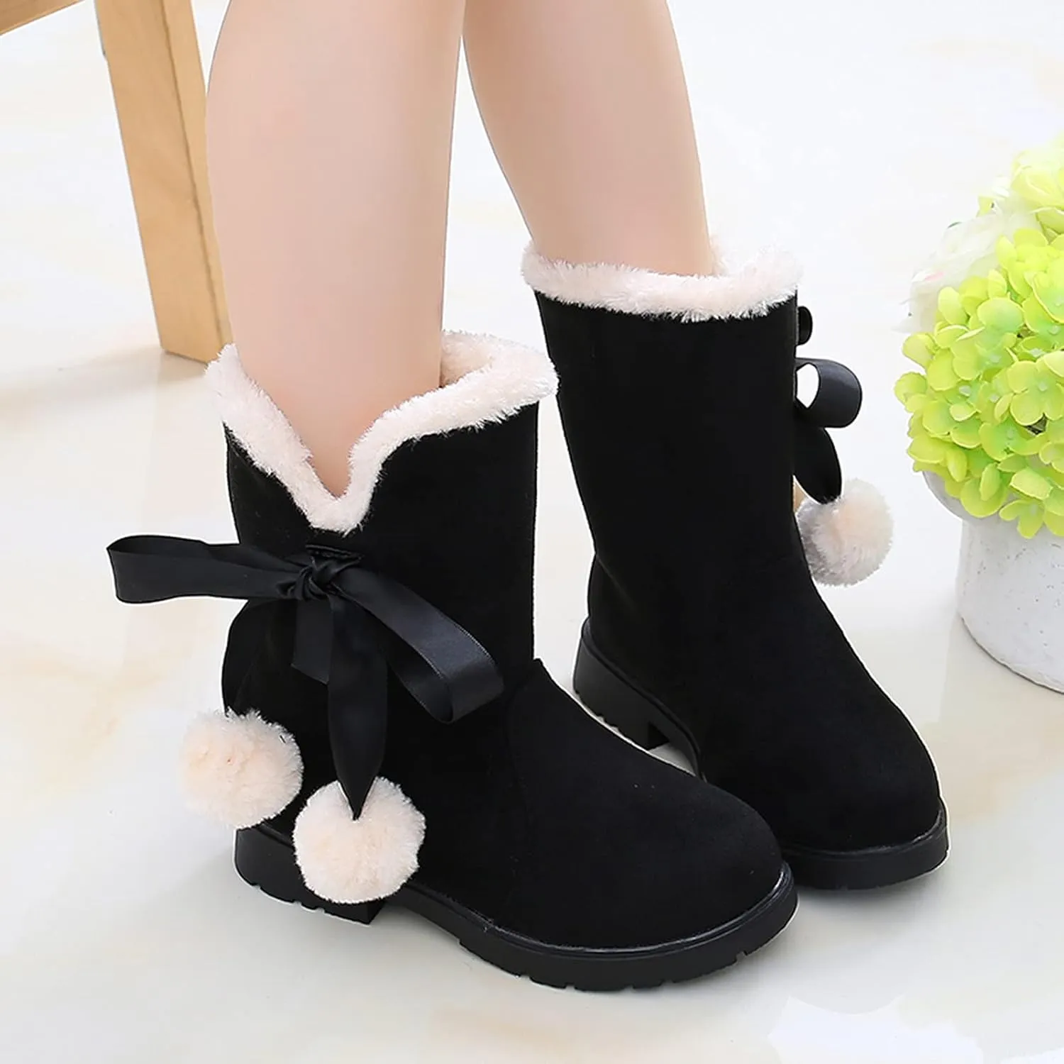 Girls Winter Warm Boots Fuzzy Fleece Lined Snow Boots Mid Calf Booties Furry Faux Fur Lining Shoes Little/Big Kids