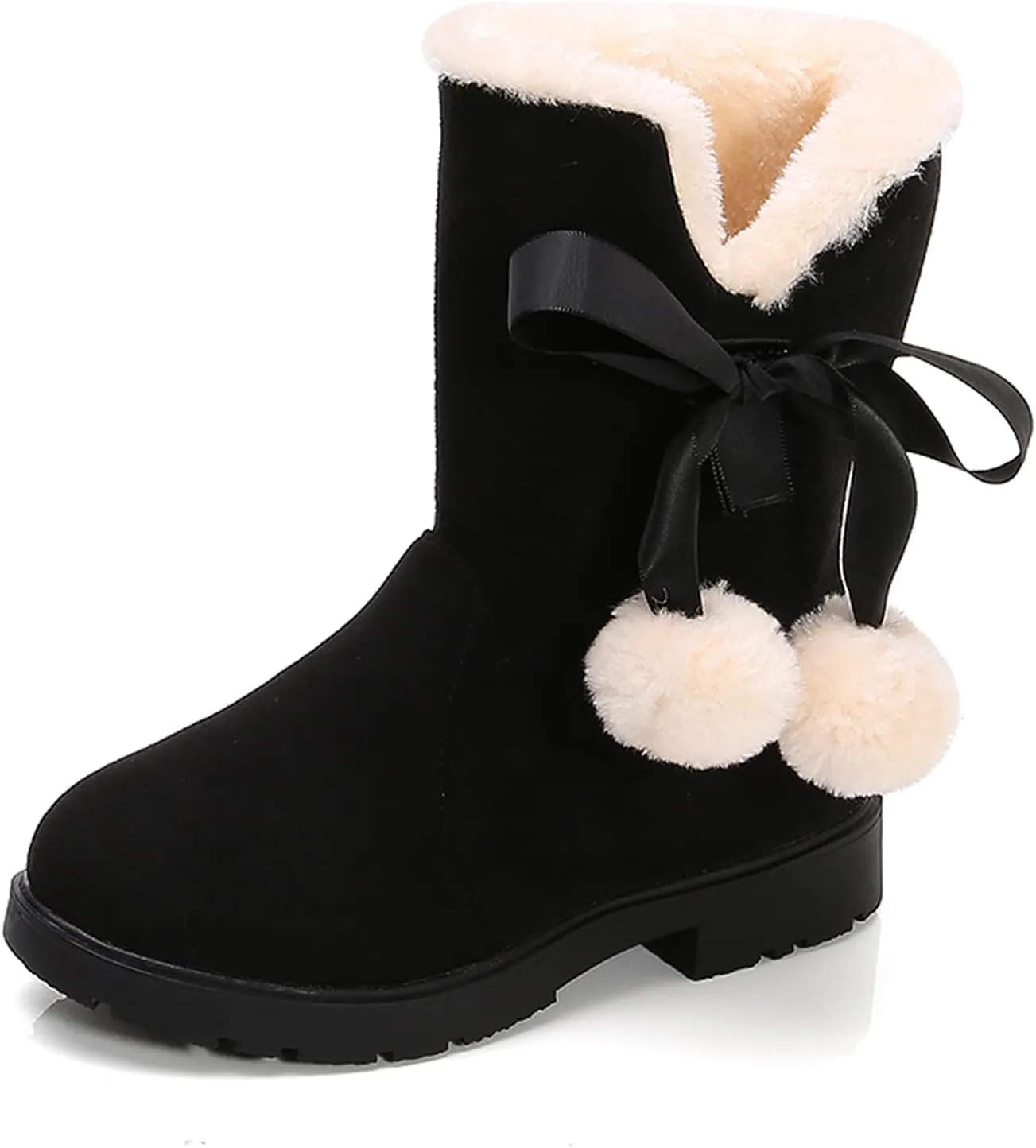 Girls Winter Warm Boots Fuzzy Fleece Lined Snow Boots Mid Calf Booties Furry Faux Fur Lining Shoes Little/Big Kids