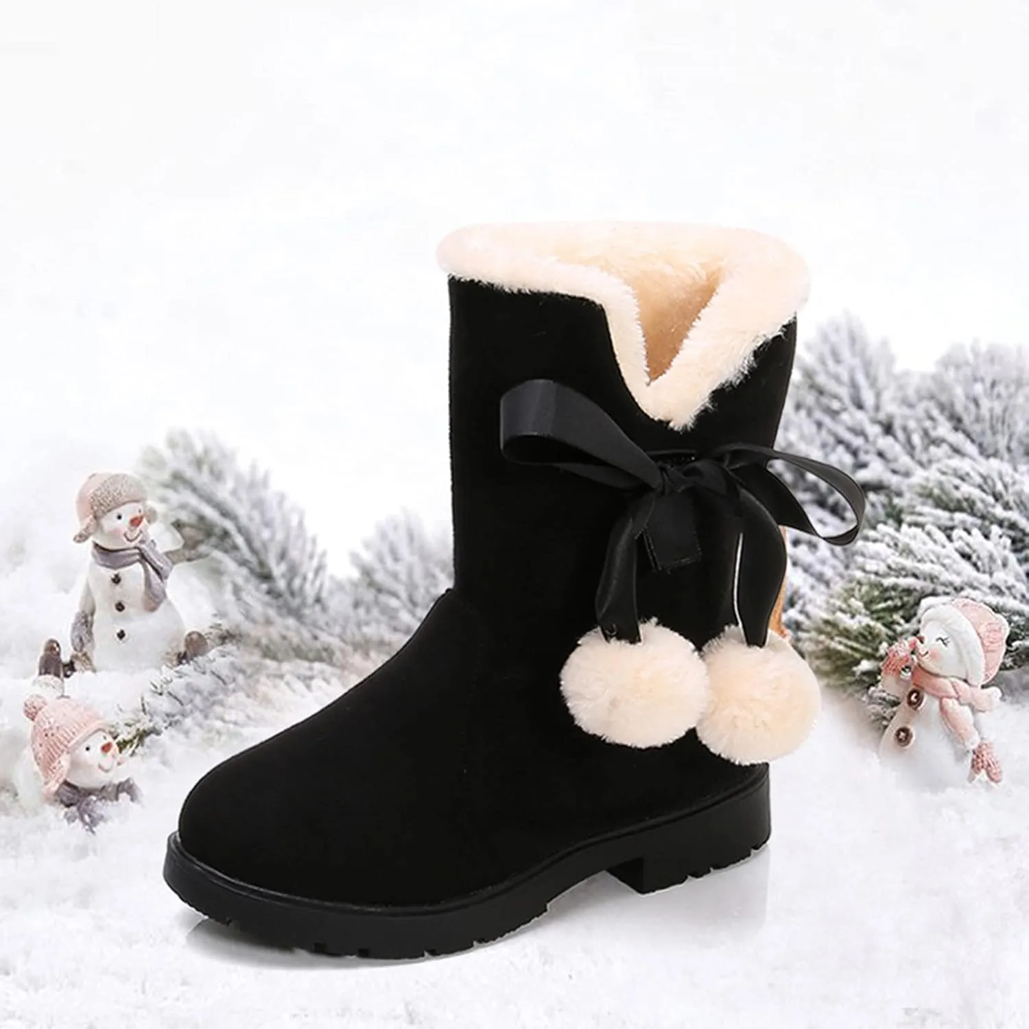 Girls Winter Warm Boots Fuzzy Fleece Lined Snow Boots Mid Calf Booties Furry Faux Fur Lining Shoes Little/Big Kids