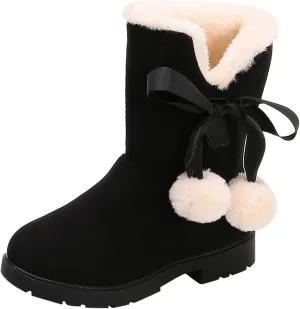 Girls Winter Warm Boots Fuzzy Fleece Lined Snow Boots Mid Calf Booties Furry Faux Fur Lining Shoes Little/Big Kids