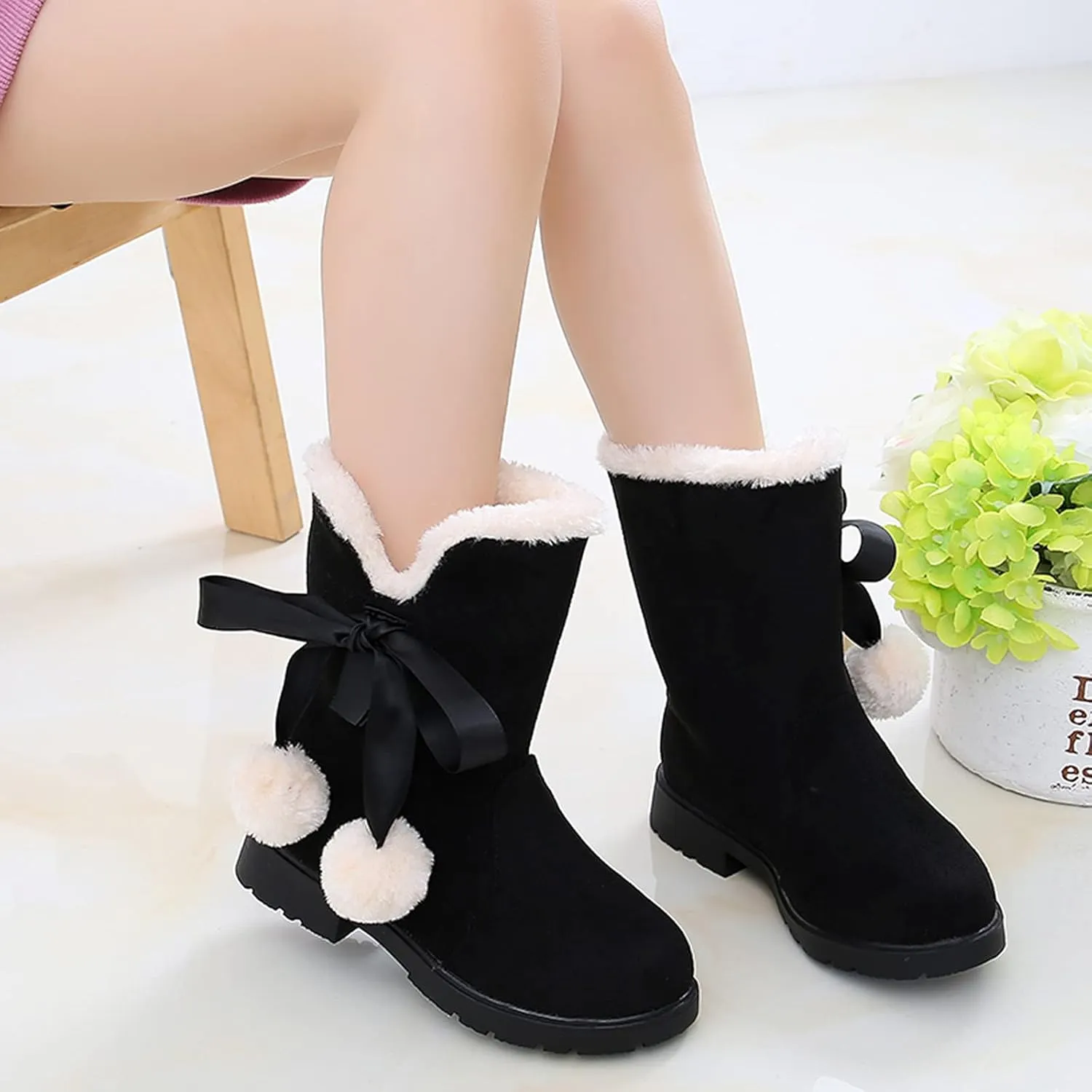 Girls Winter Warm Boots Fuzzy Fleece Lined Snow Boots Mid Calf Booties Furry Faux Fur Lining Shoes Little/Big Kids