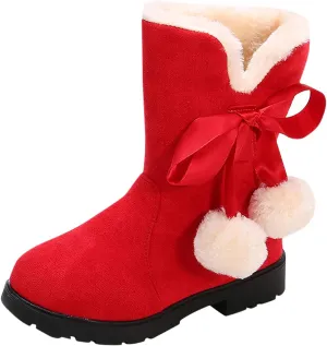 Girls Winter Warm Boots Fuzzy Fleece Lined Snow Boots Mid Calf Booties Furry Faux Fur Lining Shoes Little/Big Kids