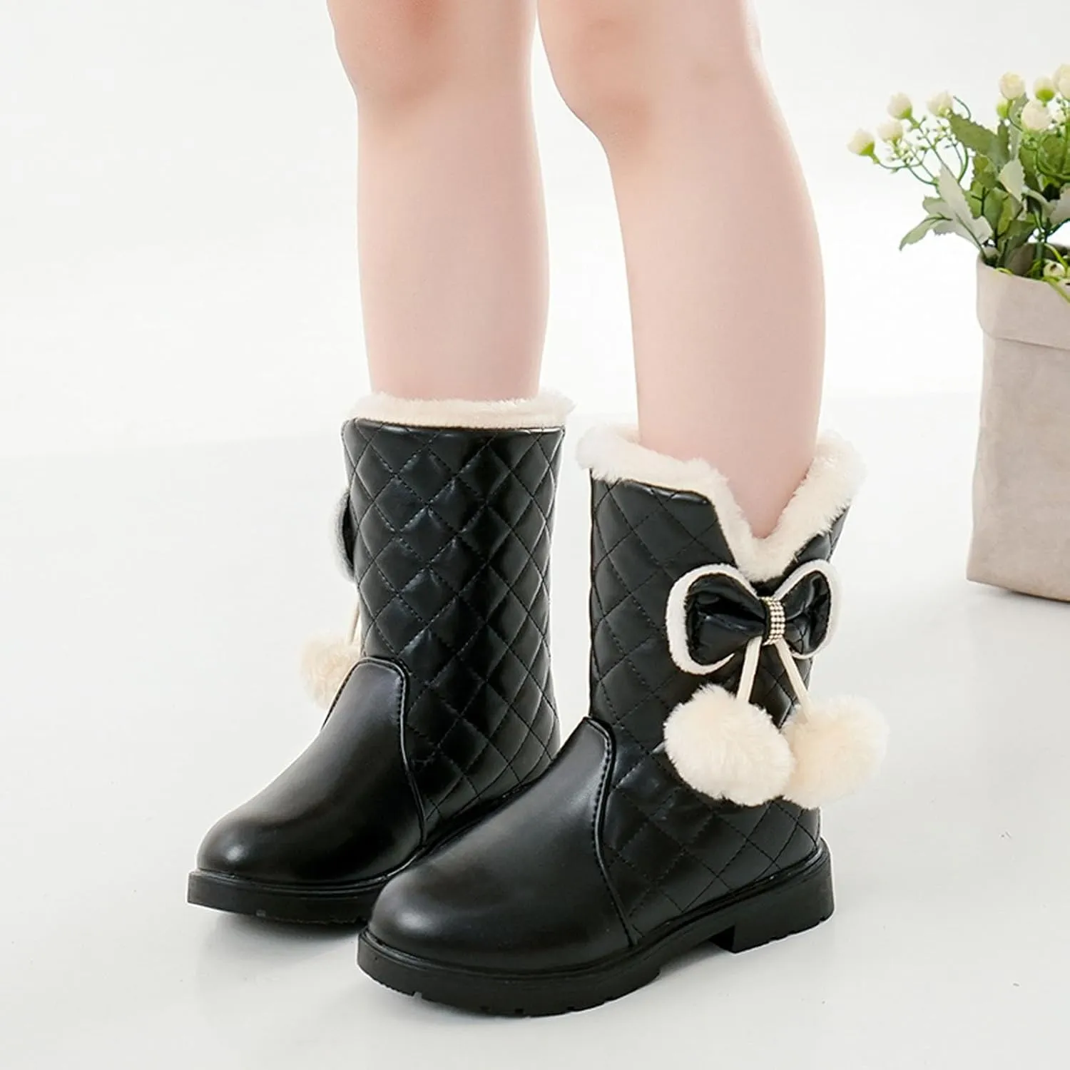 Girls Winter Warm Shoes Mid Calf Snow Boots Faux Fur Lined Warm Booties Non Slip Walking Shoes Little Kids/Big Kids