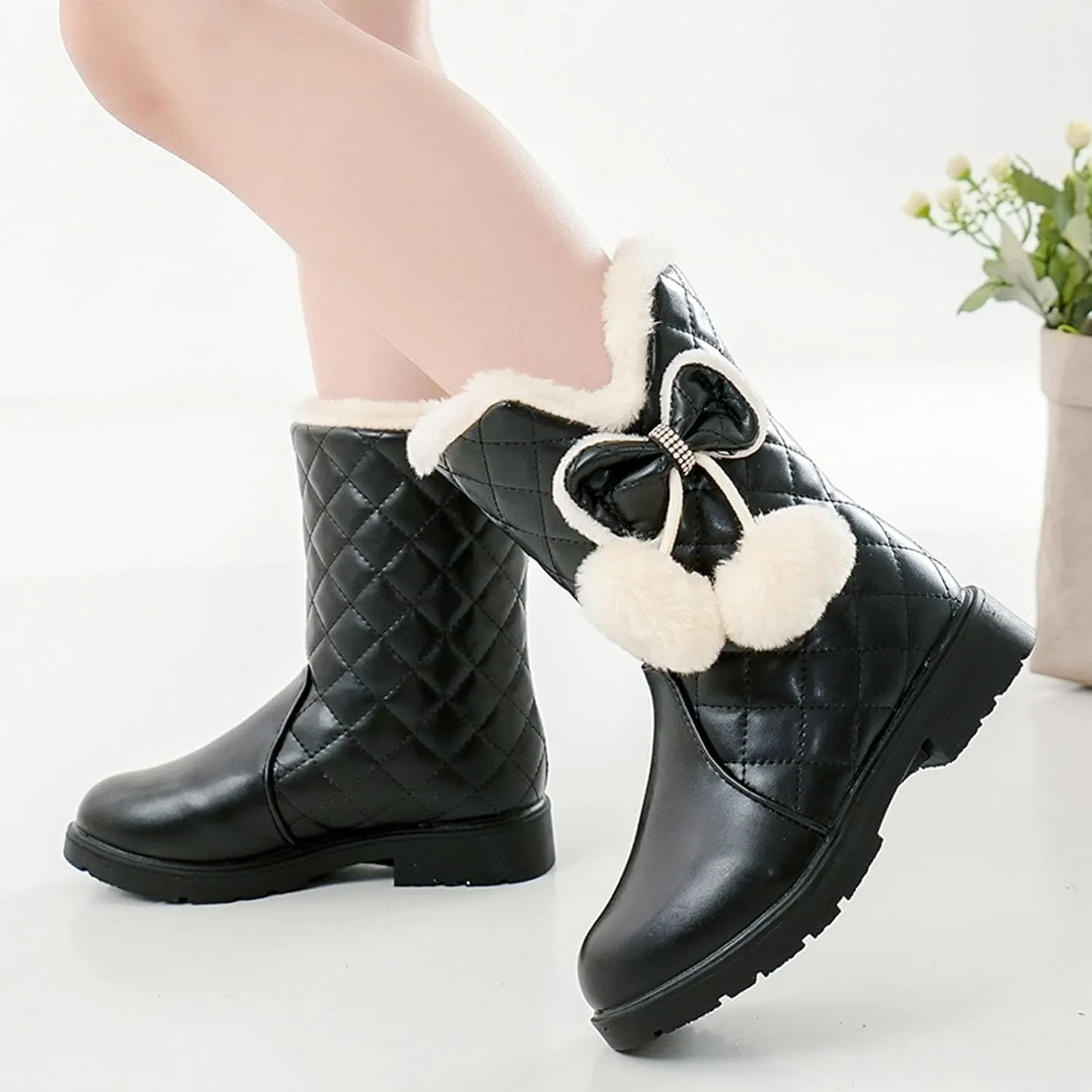 Girls Winter Warm Shoes Mid Calf Snow Boots Faux Fur Lined Warm Booties Non Slip Walking Shoes Little Kids/Big Kids