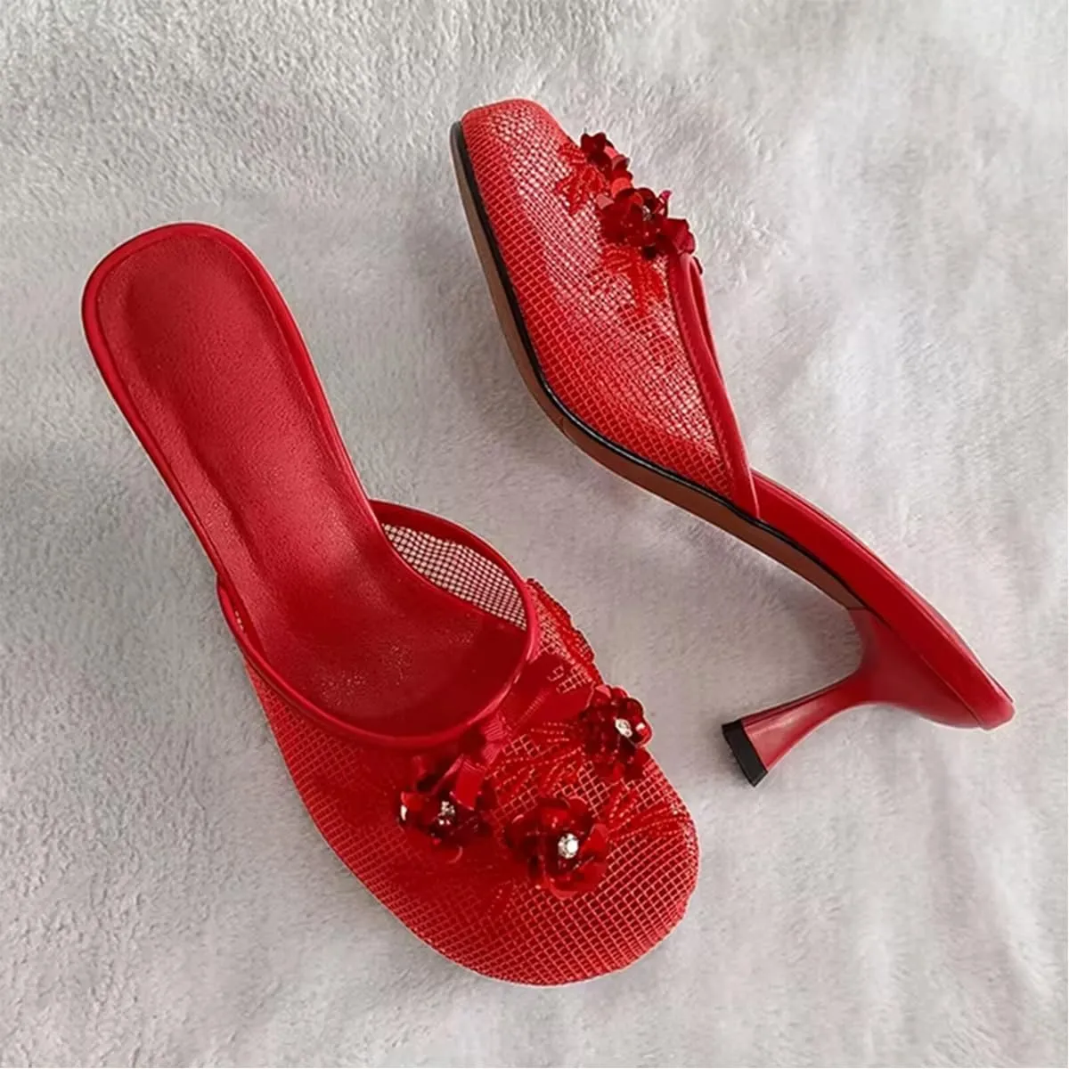 Goolita Summer Flower Beaded Mesh Mule Heels For Women, Closed Round Toe Slingback Kitten Heels Backless Slip On Party Evening Shoes