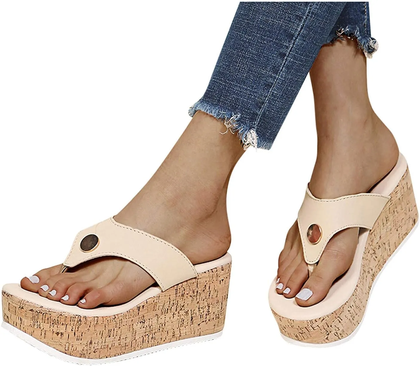 GUNIYIFS Womens platform Beach Slippers Wedge Heel Shoes Slip on Cork Sandals Summer High Heeled for Women Sandals Flip Flops