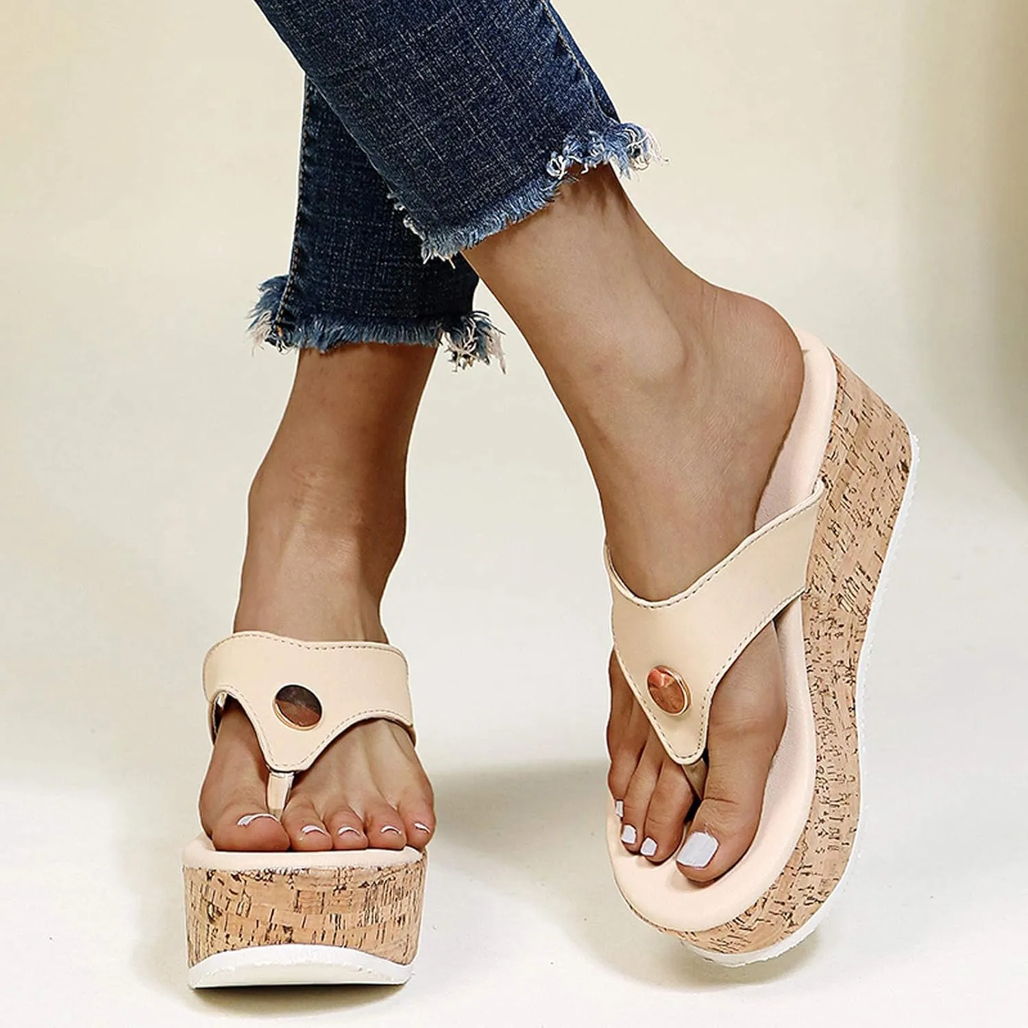 GUNIYIFS Womens platform Beach Slippers Wedge Heel Shoes Slip on Cork Sandals Summer High Heeled for Women Sandals Flip Flops