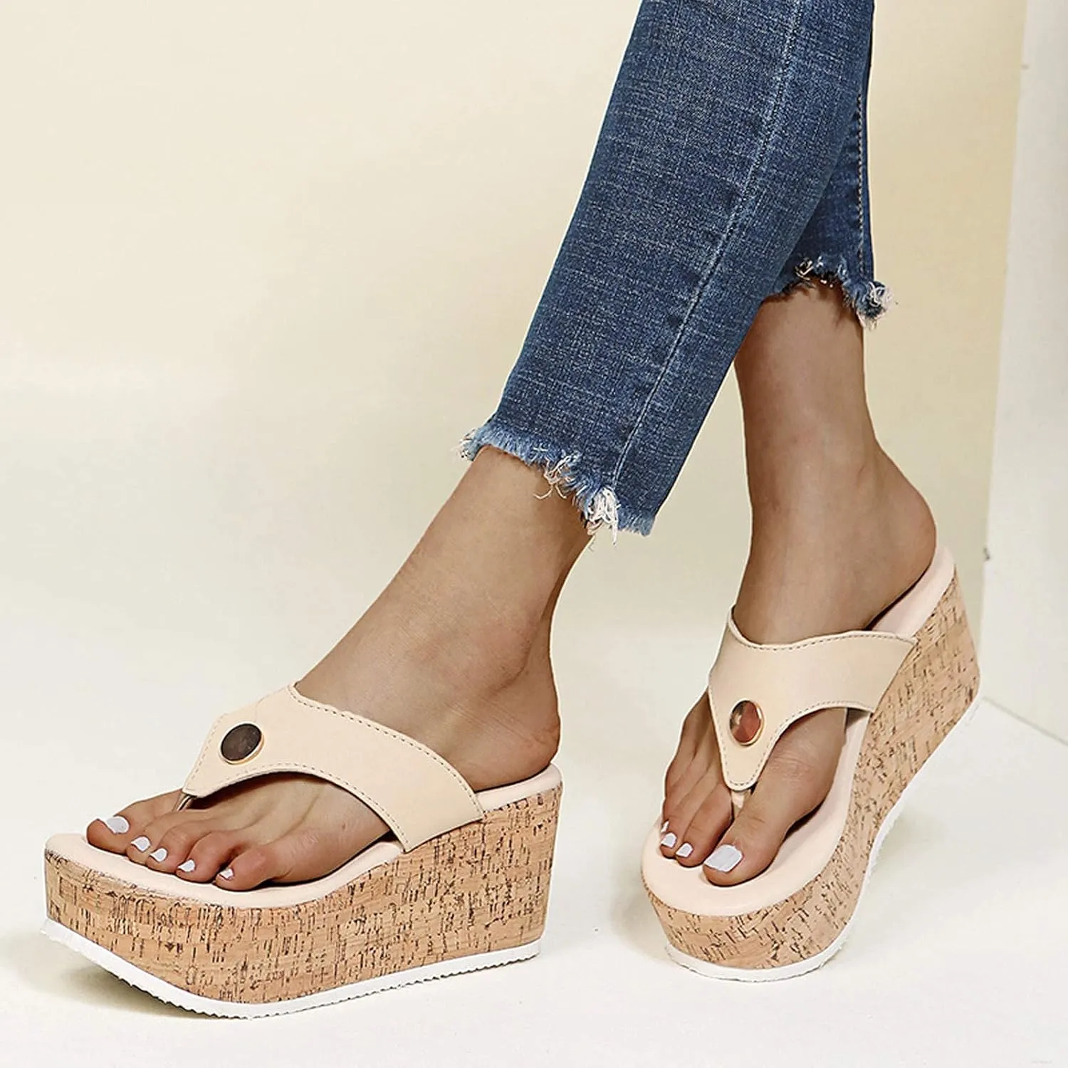 GUNIYIFS Womens platform Beach Slippers Wedge Heel Shoes Slip on Cork Sandals Summer High Heeled for Women Sandals Flip Flops