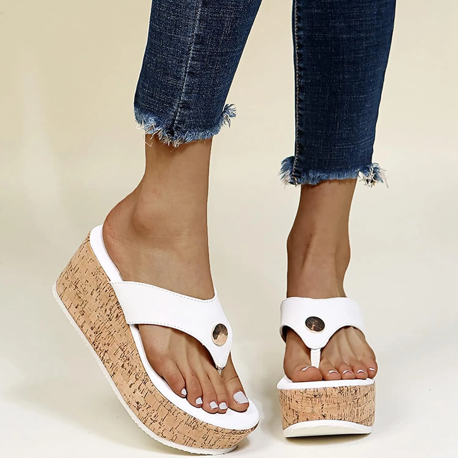 GUNIYIFS Womens platform Beach Slippers Wedge Heel Shoes Slip on Cork Sandals Summer High Heeled for Women Sandals Flip Flops