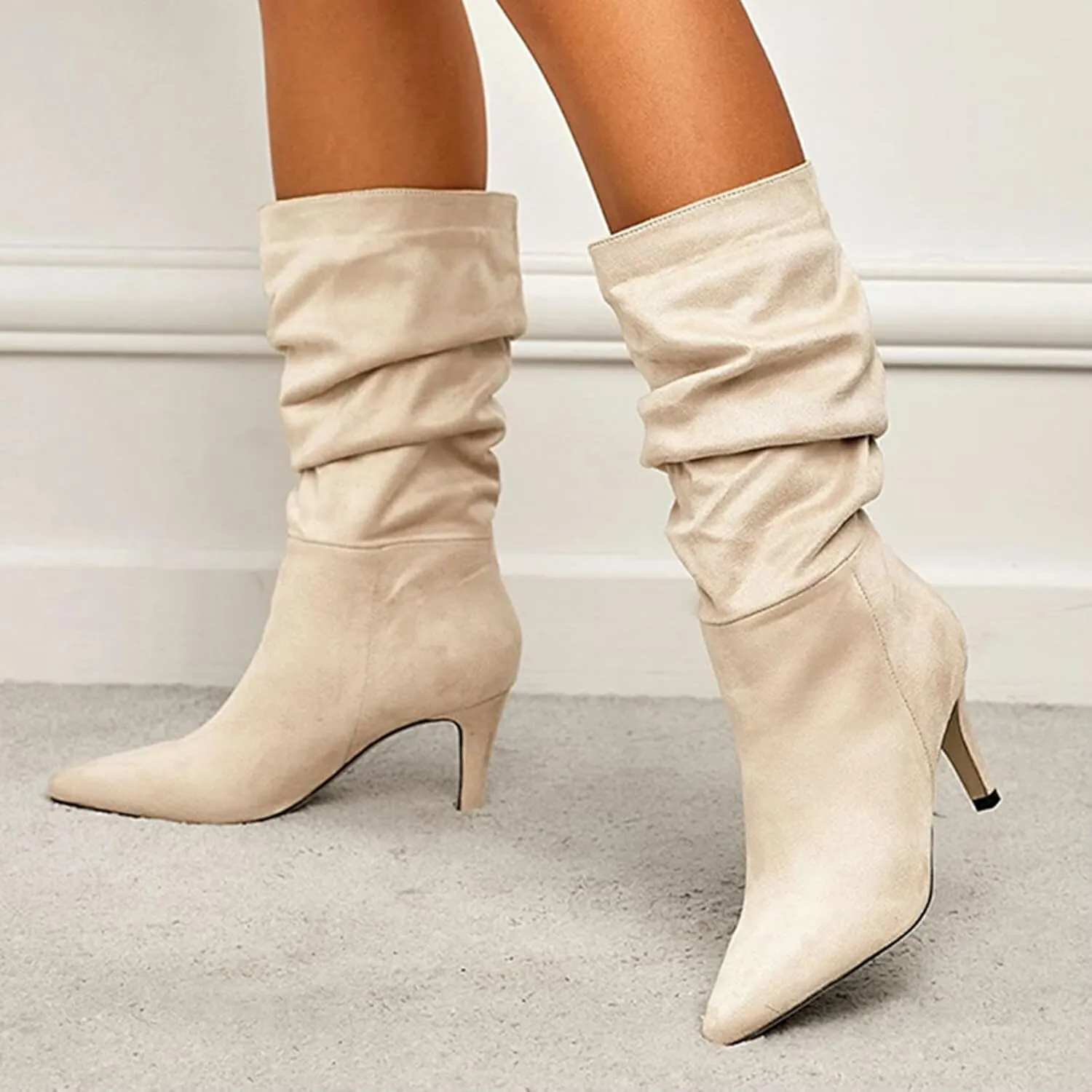 Knee High Boots for Women Mid Calf Boots Kitten Heel Boots Comfortable Riding Boots Side Zipper Fall Boots with Buckle