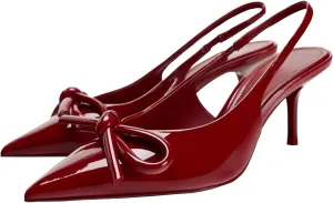 KysBloes Low Kitten Heels for Women Bow Slingback Heels Pointed Toe Patent Leather Pumps 2 Inch Heels Dress Shoes