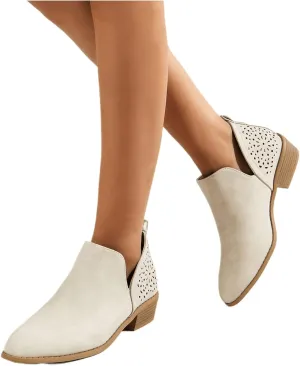 Lausiuoe Boots For Women Ankle Booties Low Heel Cutout Block Stacked Chunky Heel Casual Dressy Slip on Fashion Booties
