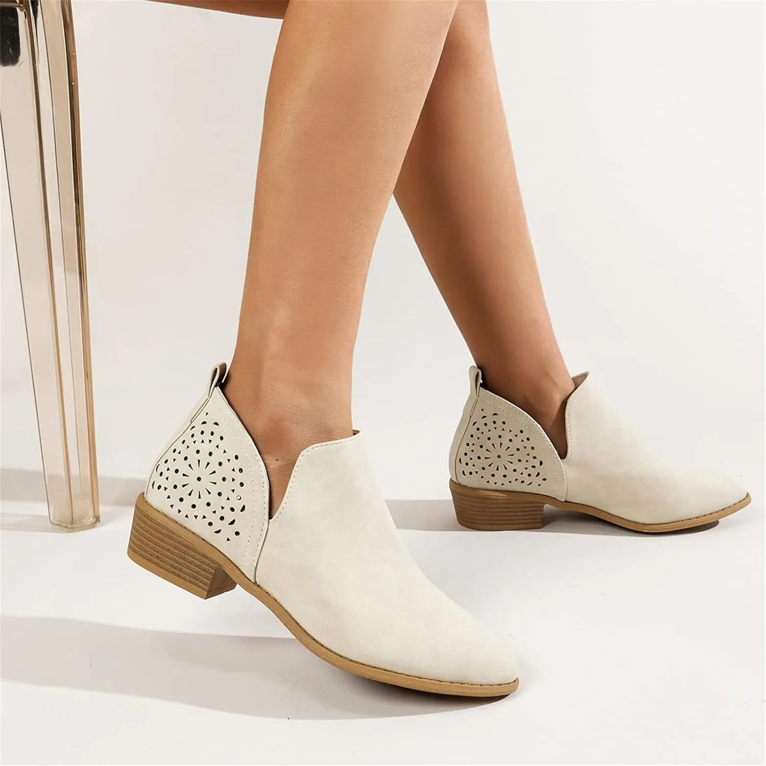 Lausiuoe Boots For Women Ankle Booties Low Heel Cutout Block Stacked Chunky Heel Casual Dressy Slip on Fashion Booties