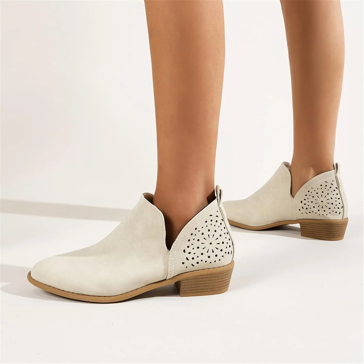 Lausiuoe Boots For Women Ankle Booties Low Heel Cutout Block Stacked Chunky Heel Casual Dressy Slip on Fashion Booties