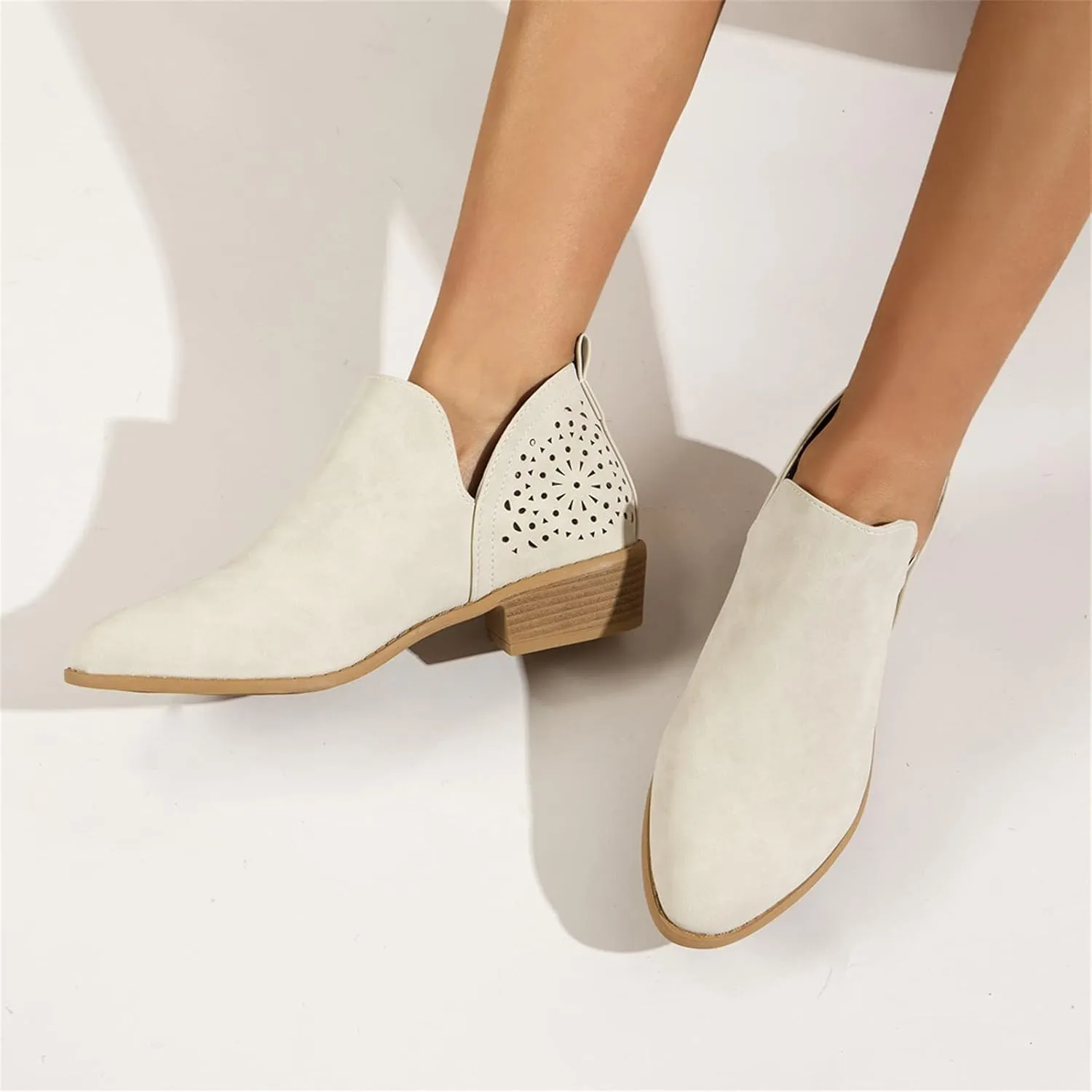 Lausiuoe Boots For Women Ankle Booties Low Heel Cutout Block Stacked Chunky Heel Casual Dressy Slip on Fashion Booties