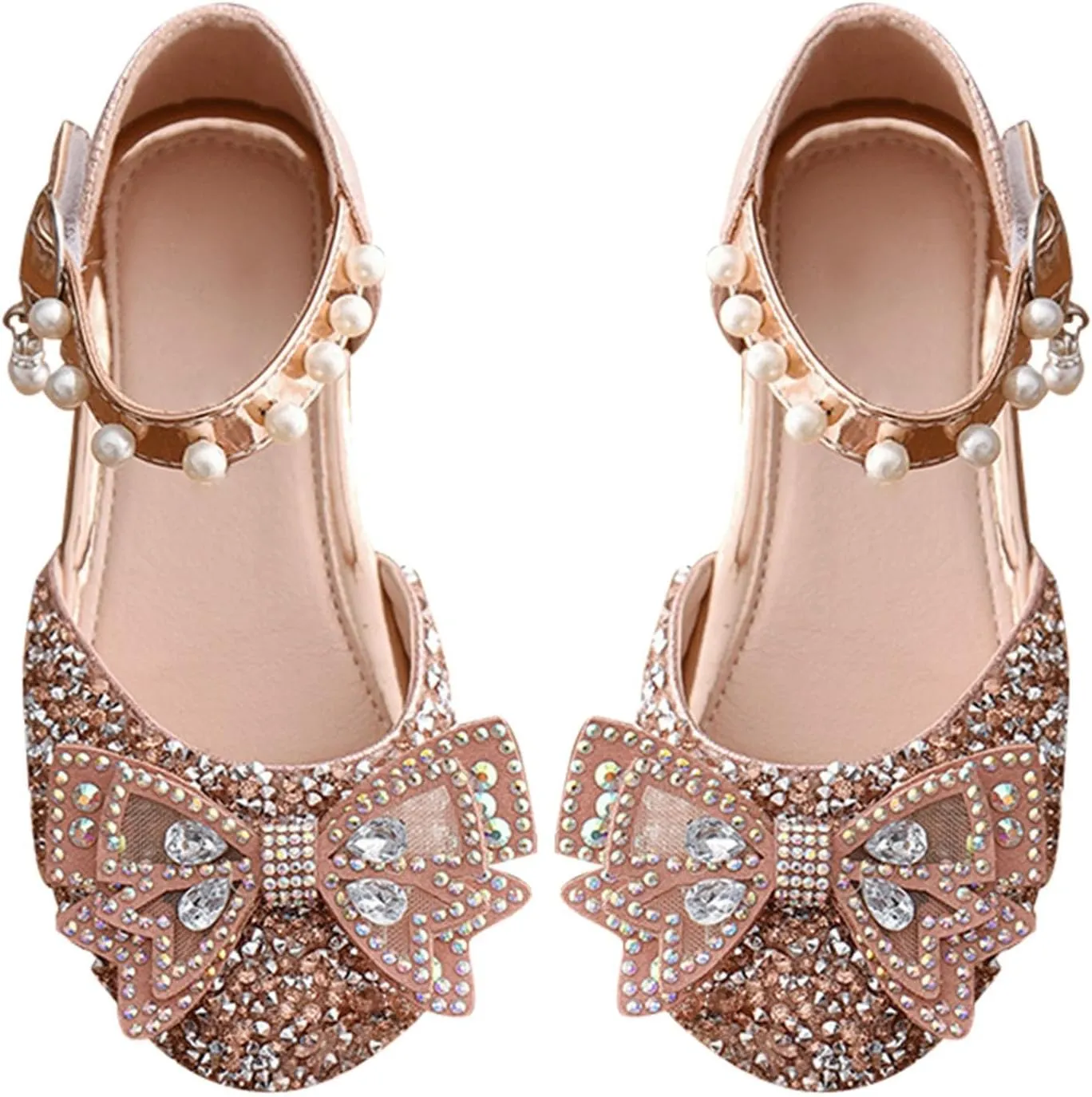 Little Kid Girls Mary Jane Ballerina Shoes 𝗥hinestones Bowknot Flower Girl Wedding Par𝘁y Pearl Strap Dress Shoes