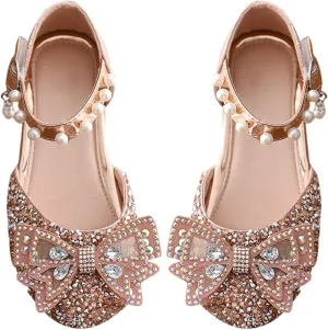 Little Kid Girls Mary Jane Ballerina Shoes 𝗥hinestones Bowknot Flower Girl Wedding Par𝘁y Pearl Strap Dress Shoes