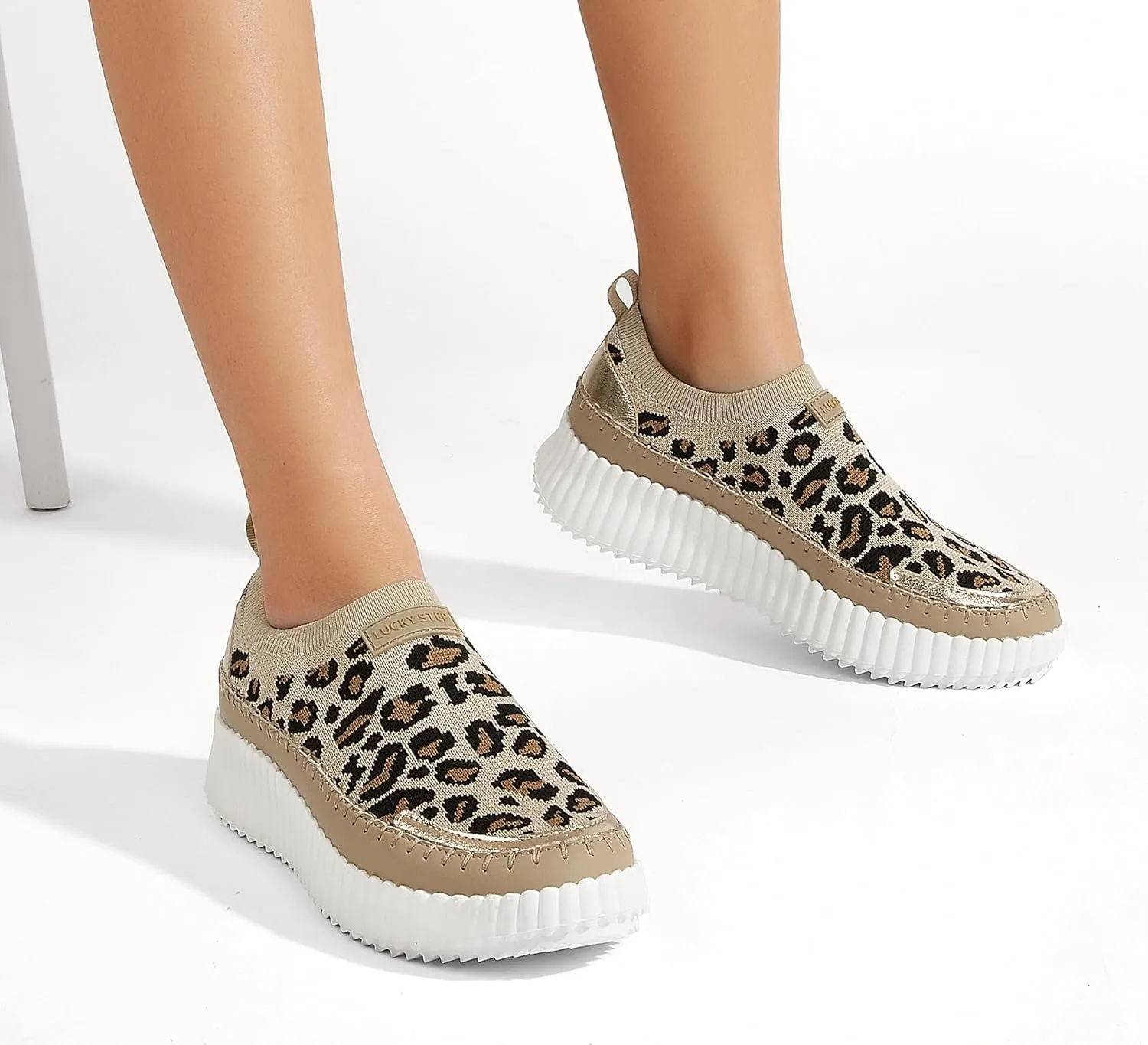 LUCKY STEP Platform Sneakers for Women Slip on Knit Chunky Fashion Casual Retro Braided Tennis Lightweight Walking Shoes