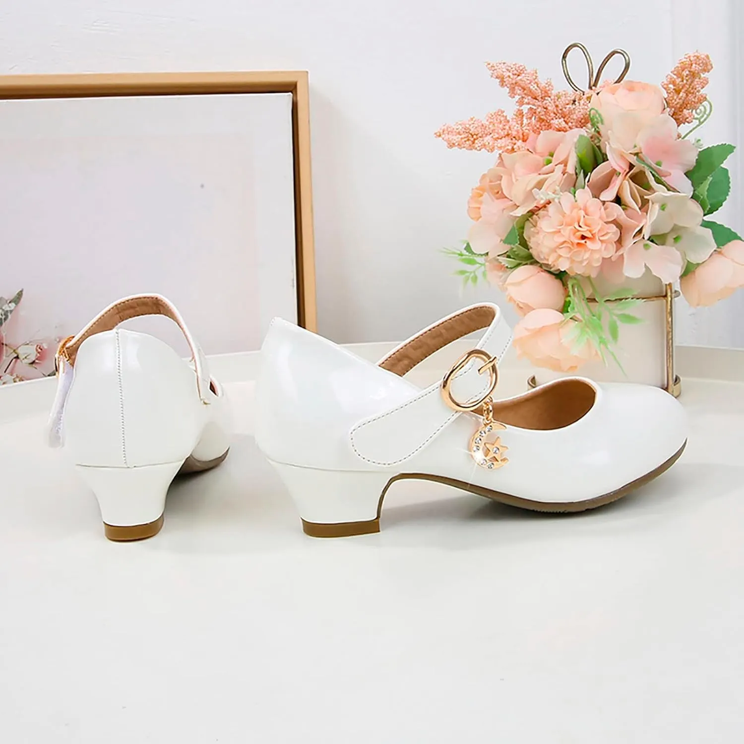 Mary Jane Shoes for Girls Low Heel Dress Shoes Flower Kids School Shoes Patent Leather Shoes for Wedding Party