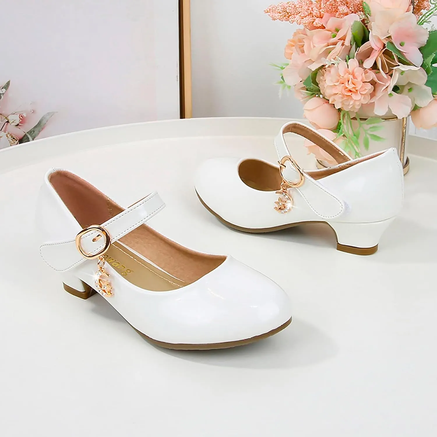 Mary Jane Shoes for Girls Low Heel Dress Shoes Flower Kids School Shoes Patent Leather Shoes for Wedding Party