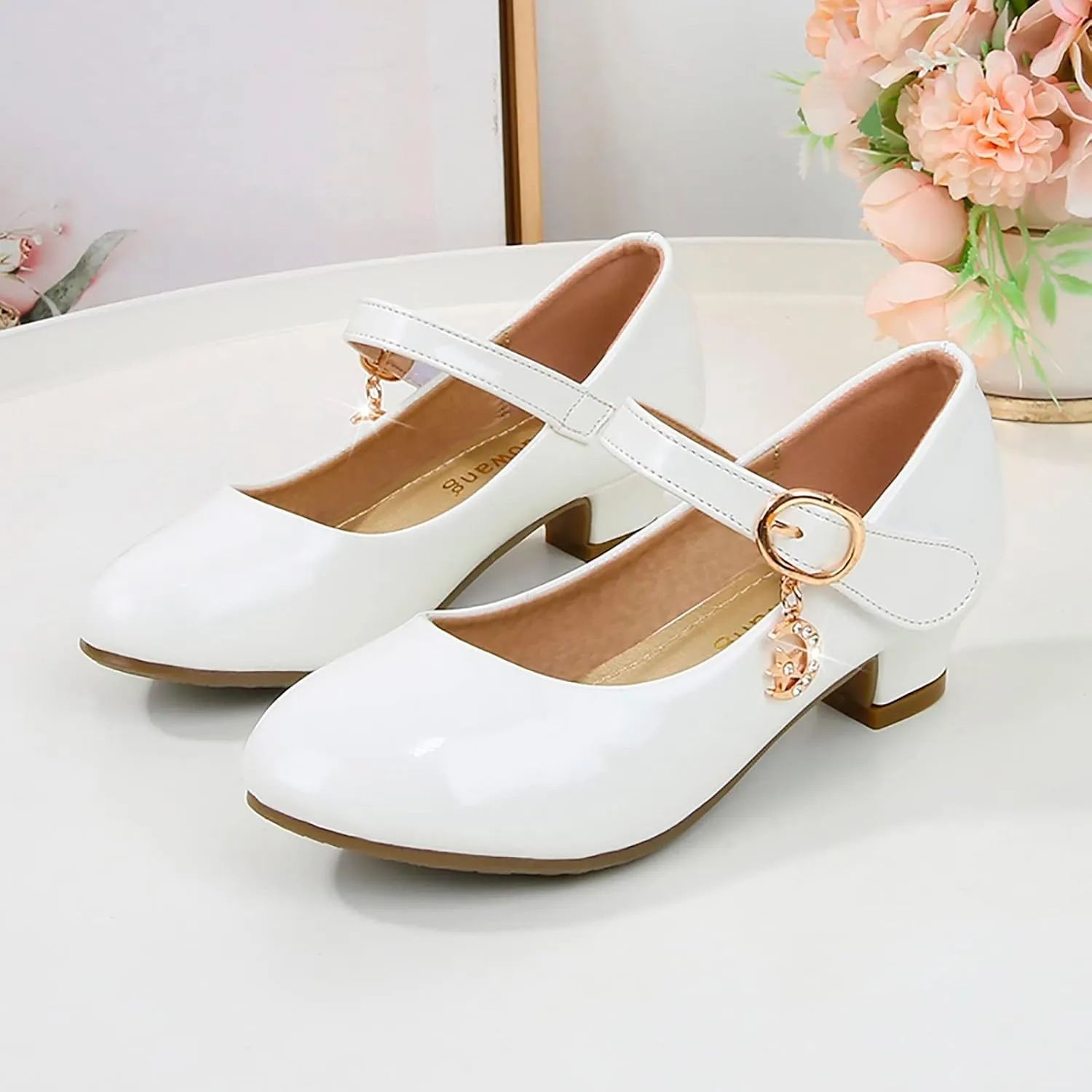 Mary Jane Shoes for Girls Low Heel Dress Shoes Flower Kids School Shoes Patent Leather Shoes for Wedding Party
