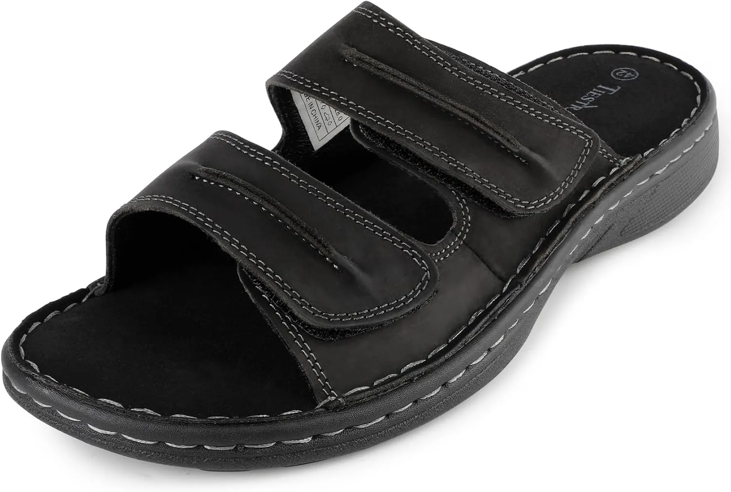 Mens Adjustable Leather Slide Sandals Comfortable Lightweight Summer Memory Foam Sandals Casual Beach Slip On Sandals for Men Indoor & Outdoor Black EU43 US10