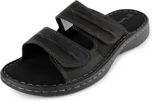 Mens Adjustable Leather Slide Sandals Comfortable Lightweight Summer Memory Foam Sandals Casual Beach Slip On Sandals for Men Indoor & Outdoor Black EU43 US10