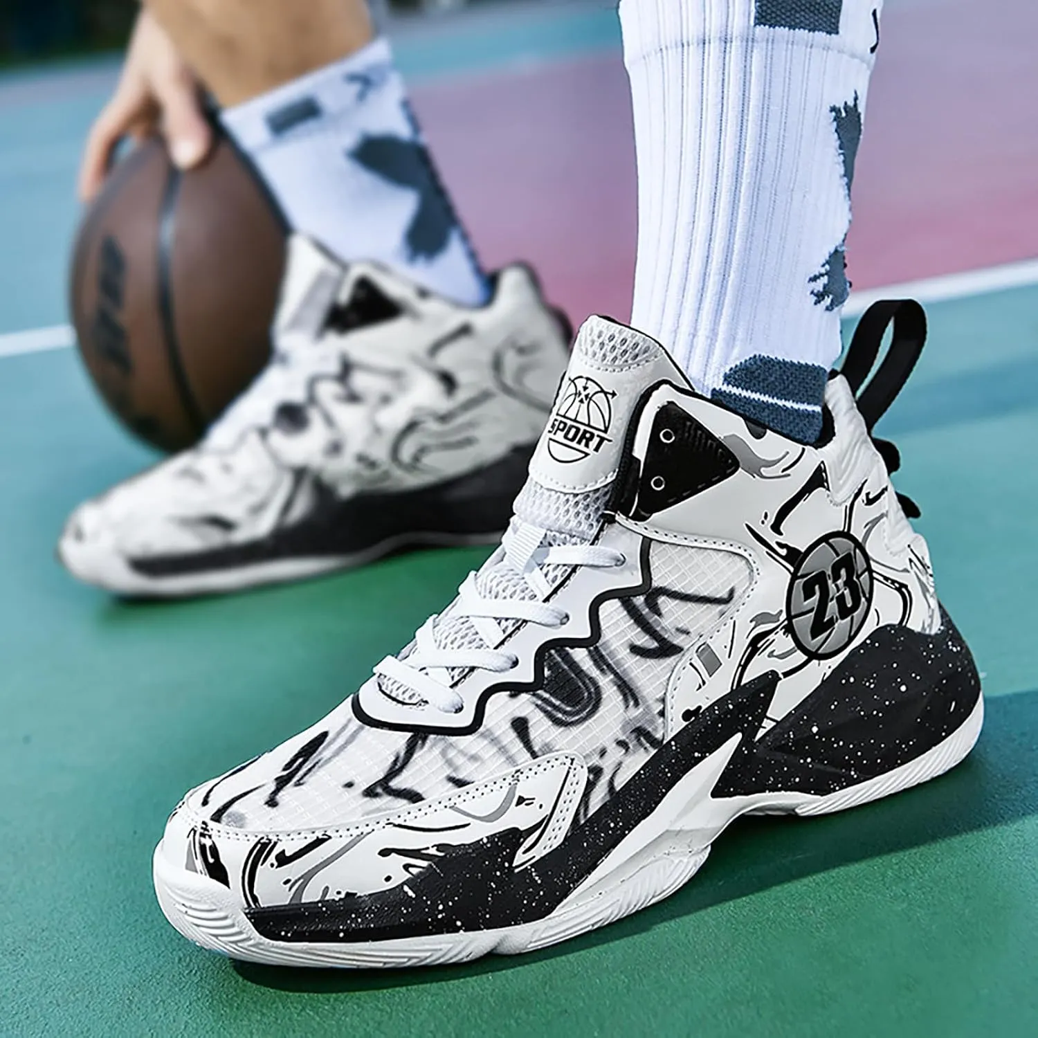 Men's Basketball Shoes No-Slip Breathable Outdoor Shoes for Women Fashion Graffiti Training Shoes