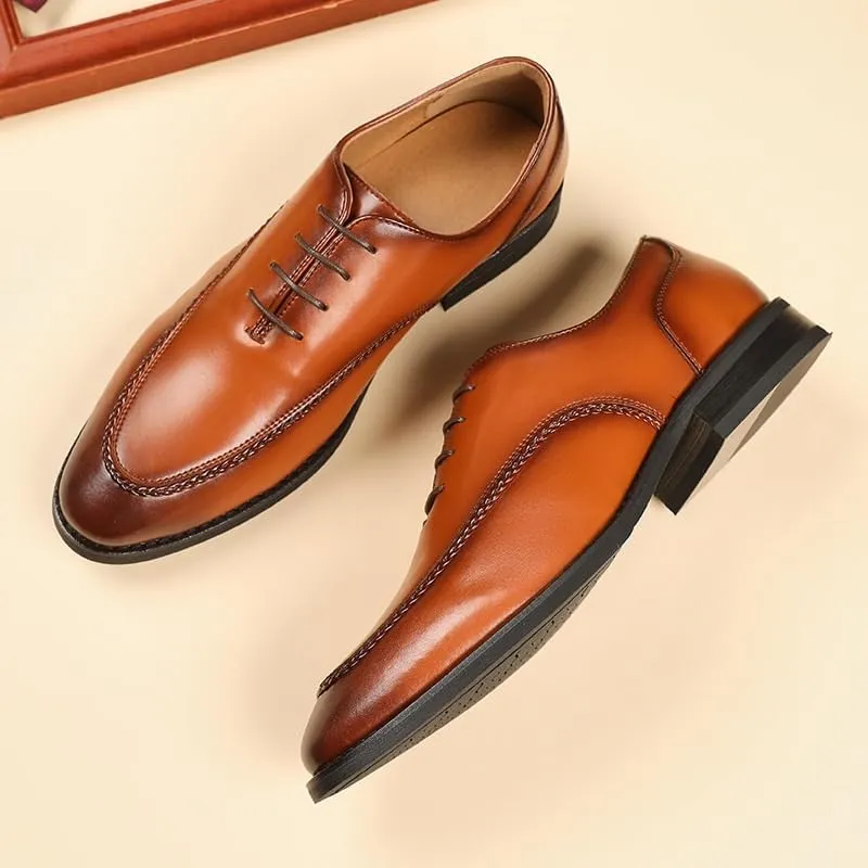 Men's Breathable Leather Wingtip Brogue Oxfords Classic Round Toe Shiny Checkered Comfortable Dress Loafers