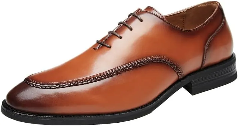 Men's Breathable Leather Wingtip Brogue Oxfords Classic Round Toe Shiny Checkered Comfortable Dress Loafers
