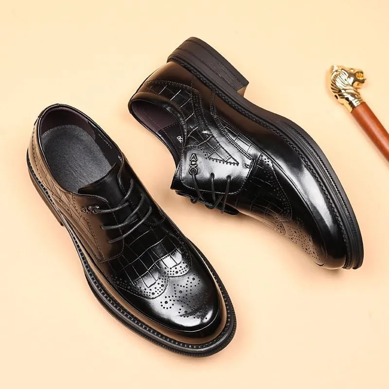 Men's Breathable Leather Wingtip Brogue Oxfords Formal Business Casual Lace Up Punched Leather Oxford