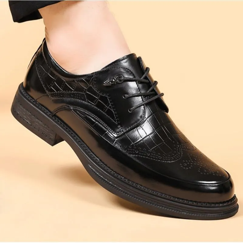Men's Breathable Leather Wingtip Brogue Oxfords Formal Business Casual Lace Up Punched Leather Oxford