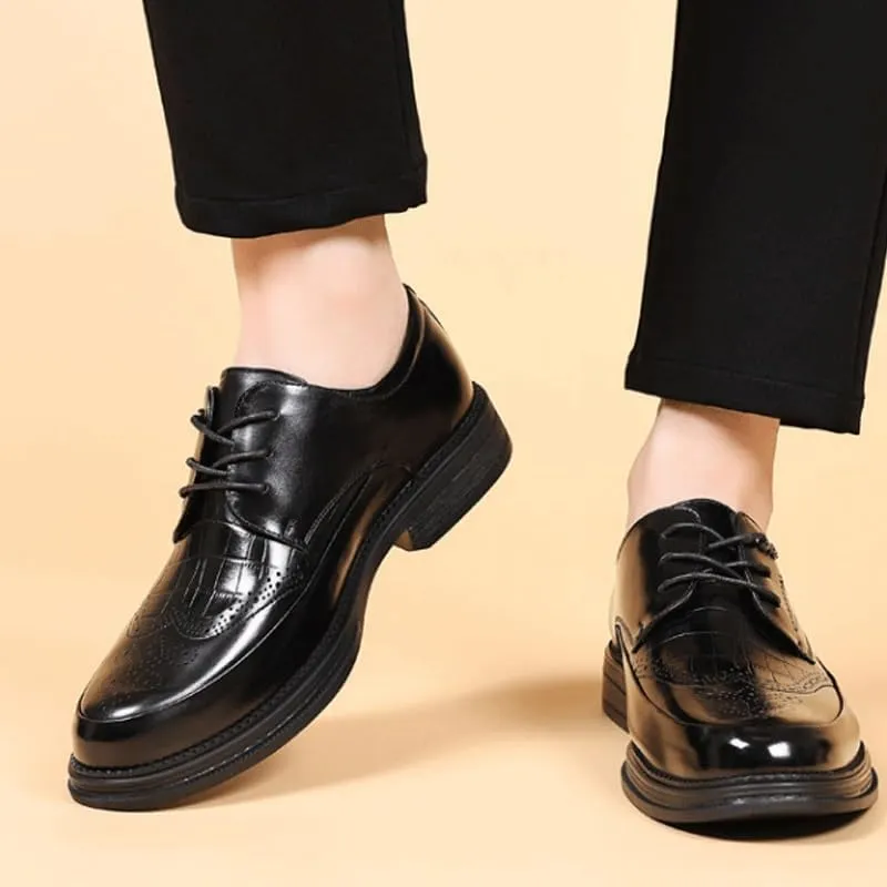 Men's Breathable Leather Wingtip Brogue Oxfords Formal Business Casual Lace Up Punched Leather Oxford