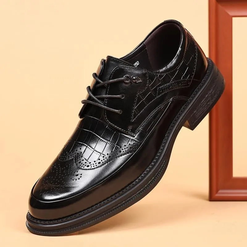 Men's Breathable Leather Wingtip Brogue Oxfords Formal Business Casual Lace Up Punched Leather Oxford