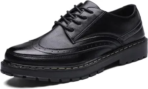 Mens Brogues Oxford Leather Shoes,Fashion British Style Casual Business Formal Shoes,Handmade Lace-Up Non-Slip Office Work Shoes