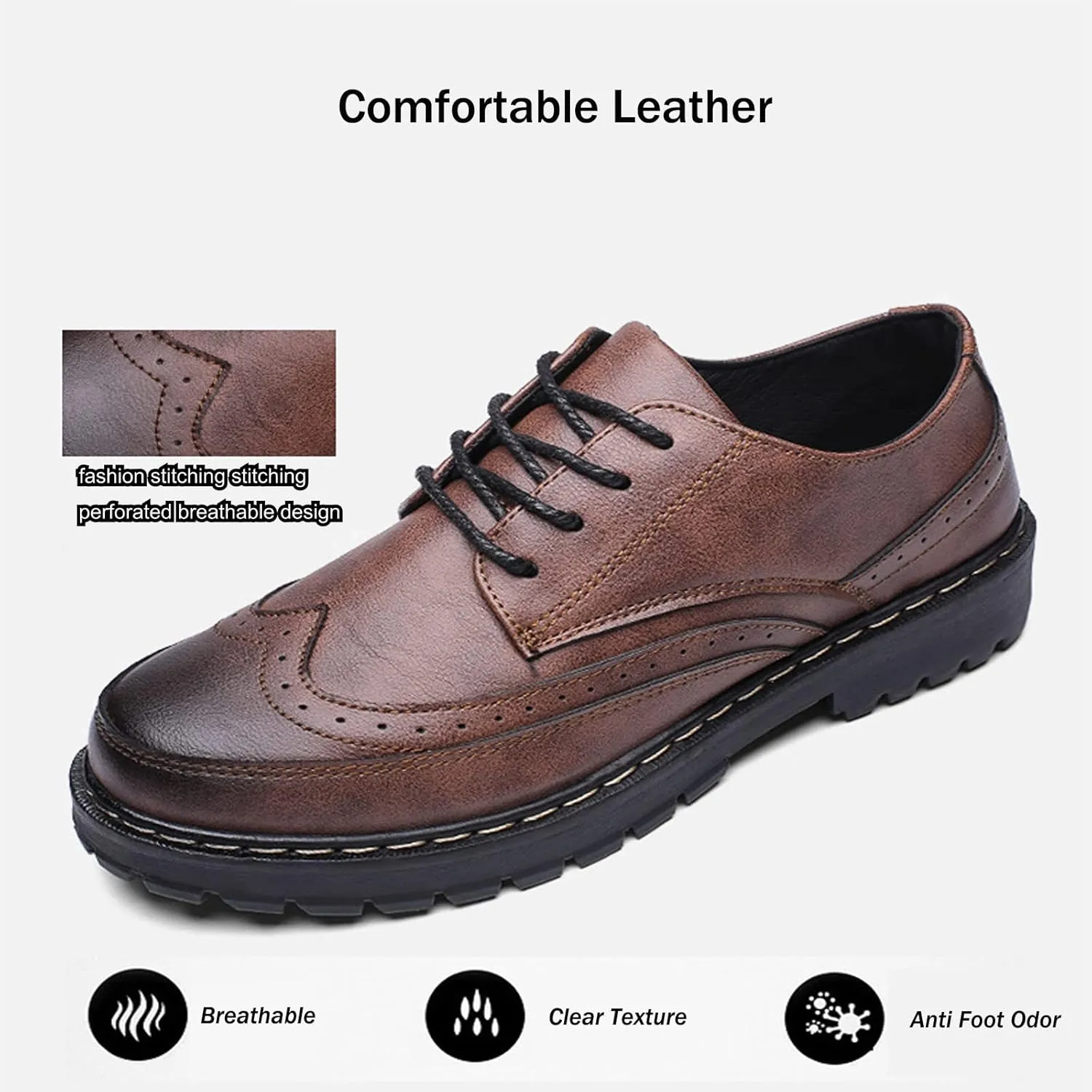Mens Brogues Oxford Leather Shoes,Fashion British Style Casual Business Formal Shoes,Handmade Lace-Up Non-Slip Office Work Shoes