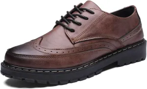 Mens Brogues Oxford Leather Shoes,Fashion British Style Casual Business Formal Shoes,Handmade Lace-Up Non-Slip Office Work Shoes