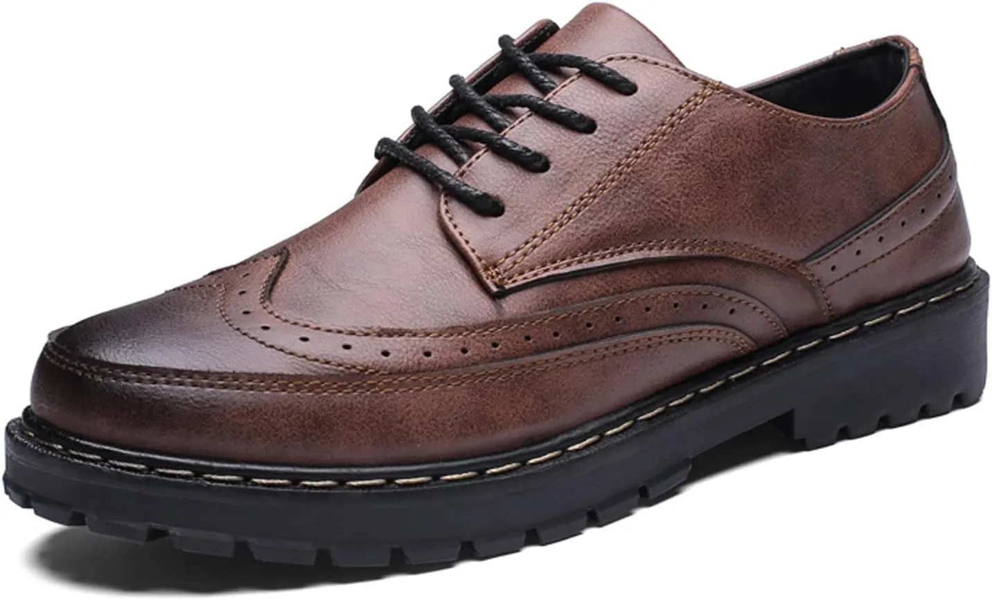 Mens Brogues Oxford Leather Shoes,Fashion British Style Casual Business Formal Shoes,Handmade Lace-Up Non-Slip Office Work Shoes