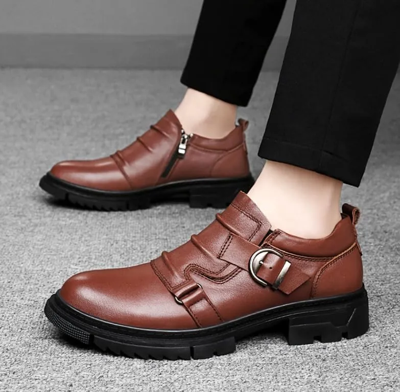 Men's Classic Brogue Oxfords Shoes Mens Round Toe Non Slip Leather Dress Shoes Fashion Breathable Slip-On Tuxedo Shoes(Brown,7)