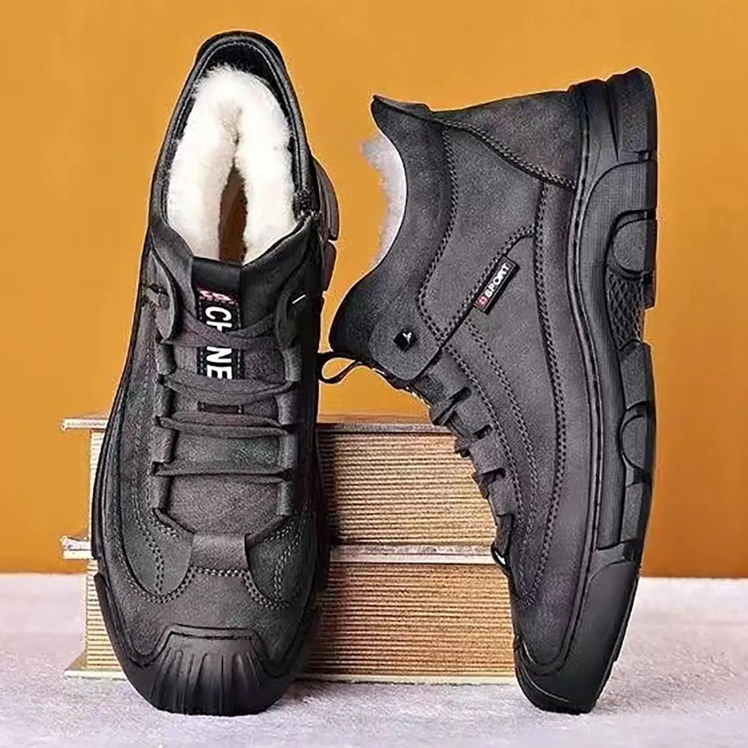 Men's Winter Lace Up Plush and Thickened Casual Soft Sole Slip Fashionable Leather Upper Mens Wide Walking Boots