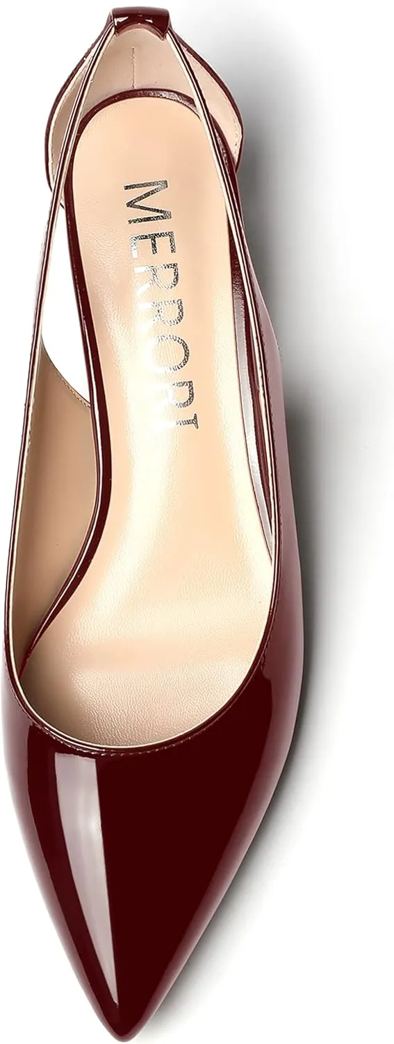 MERRORI Women's Pumps Kitten Low Heel Slip On Pointed Toe Dress Shoes Patent Leather Pumps Shoes 1.5 Inch