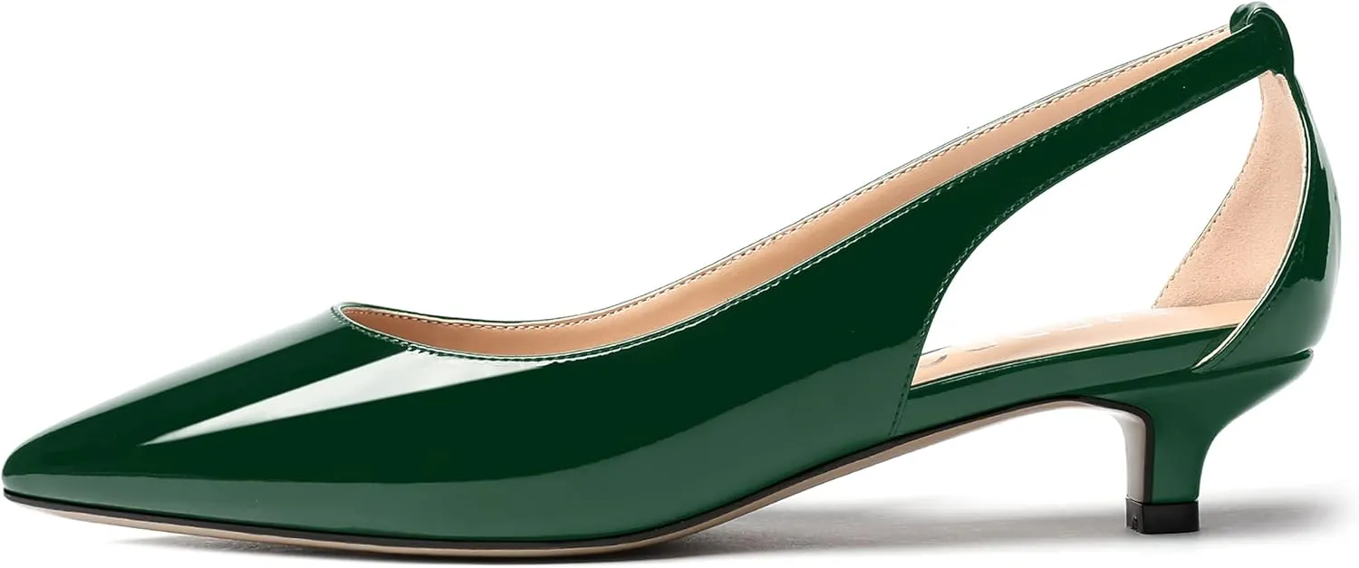 MERRORI Women's Pumps Kitten Low Heel Slip On Pointed Toe Dress Shoes Patent Leather Pumps Shoes 1.5 Inch