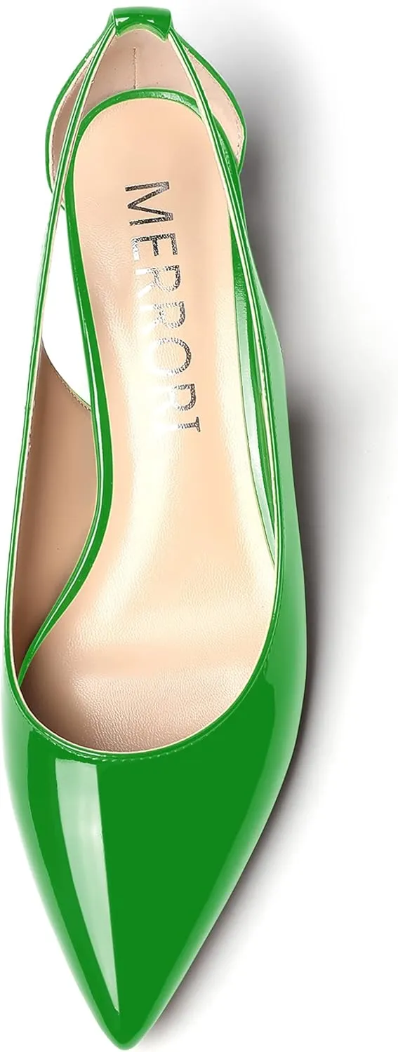 MERRORI Women's Pumps Kitten Low Heel Slip On Pointed Toe Dress Shoes Patent Leather Pumps Shoes 1.5 Inch