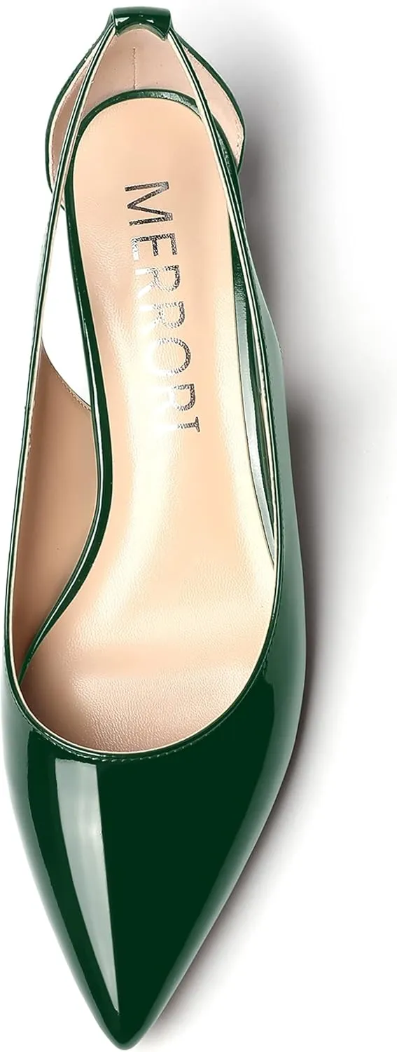 MERRORI Women's Pumps Kitten Low Heel Slip On Pointed Toe Dress Shoes Patent Leather Pumps Shoes 1.5 Inch