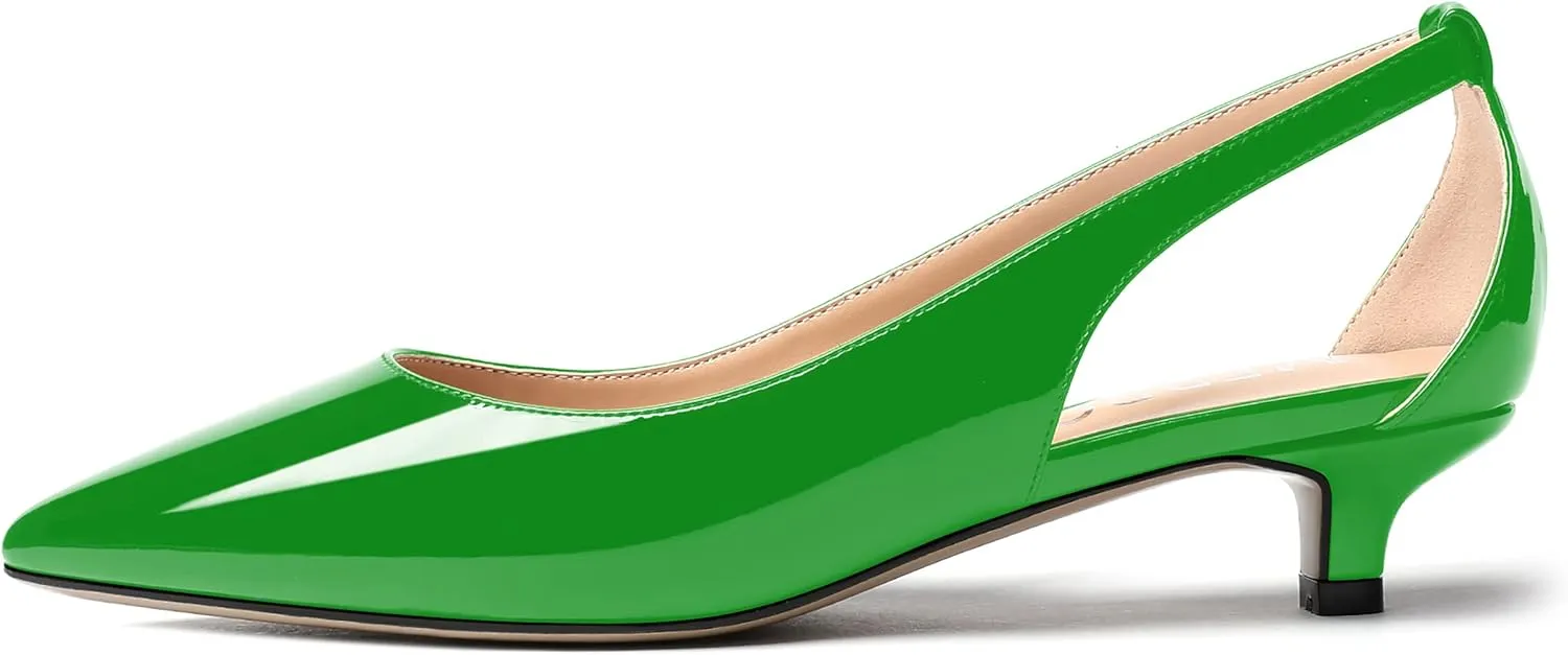 MERRORI Women's Pumps Kitten Low Heel Slip On Pointed Toe Dress Shoes Patent Leather Pumps Shoes 1.5 Inch