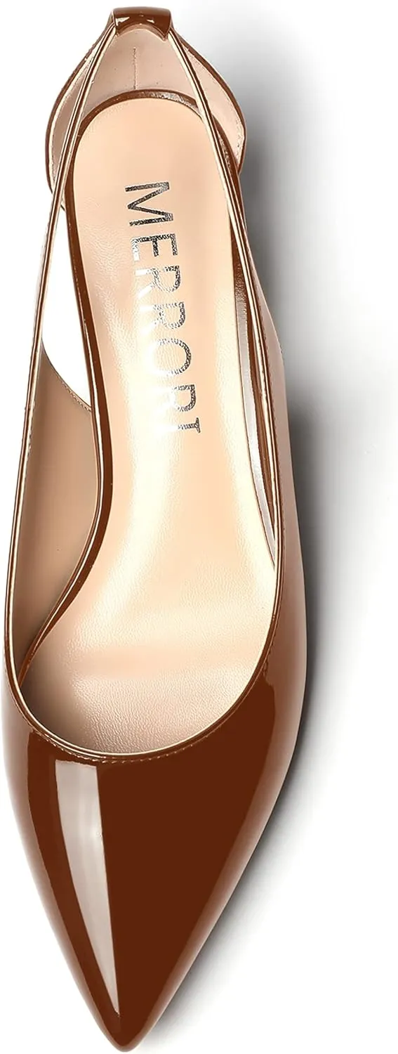 MERRORI Women's Pumps Kitten Low Heel Slip On Pointed Toe Dress Shoes Patent Leather Pumps Shoes 1.5 Inch