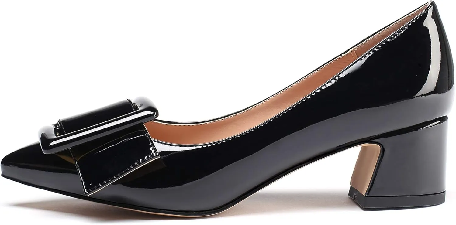 Mettesally Women's Block Heels Chunky Heel Pumps Classic Pointed Toe Slip On Buckle Wedding Office Dress Shoes