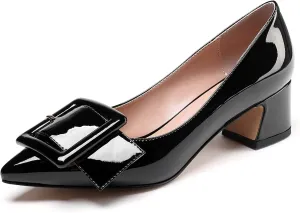 Mettesally Women's Block Heels Chunky Heel Pumps Classic Pointed Toe Slip On Buckle Wedding Office Dress Shoes