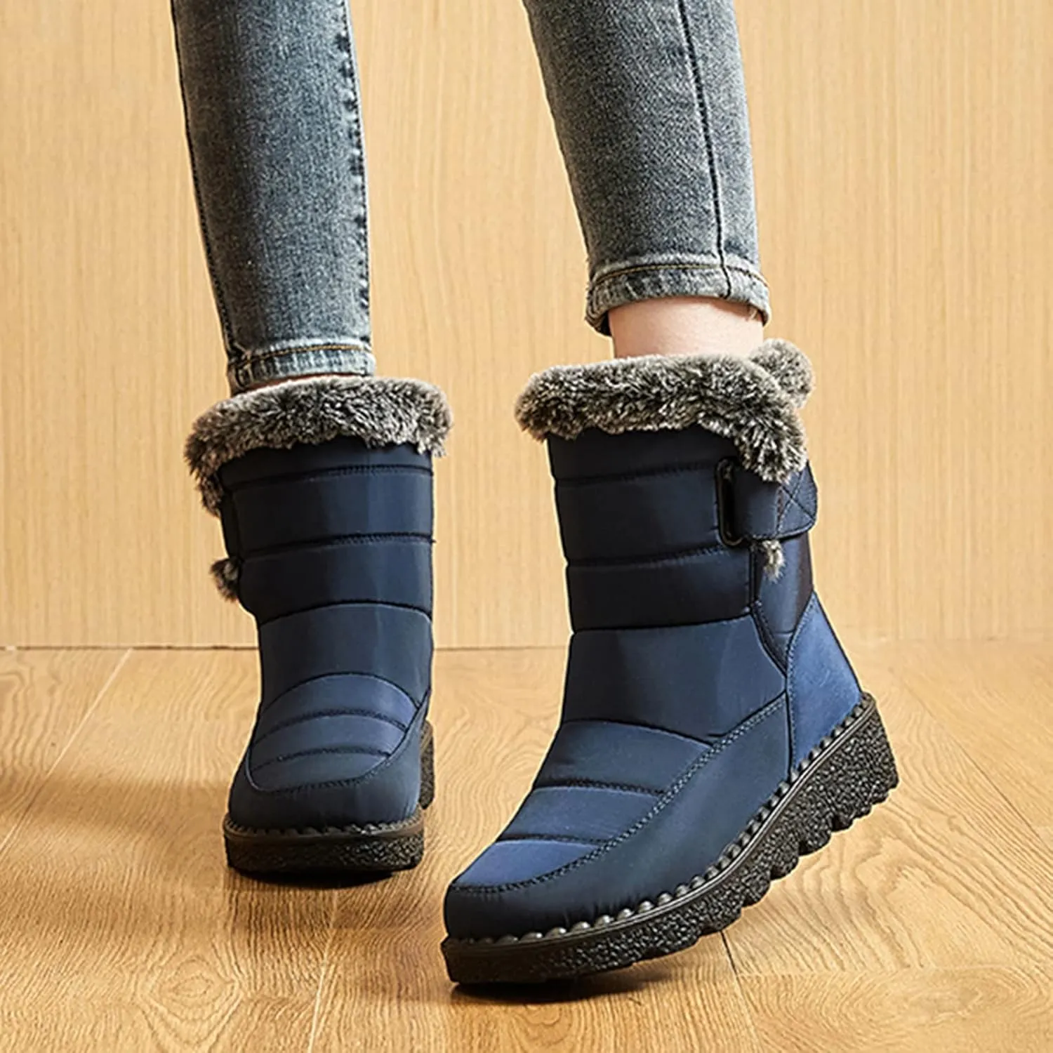 Mid Calf Boots for Women Faux Furry Lined Snow Boots Waterproof Comfortable Slip on Fall Winter Boots Black Retro Ladies Booties Women Shoes